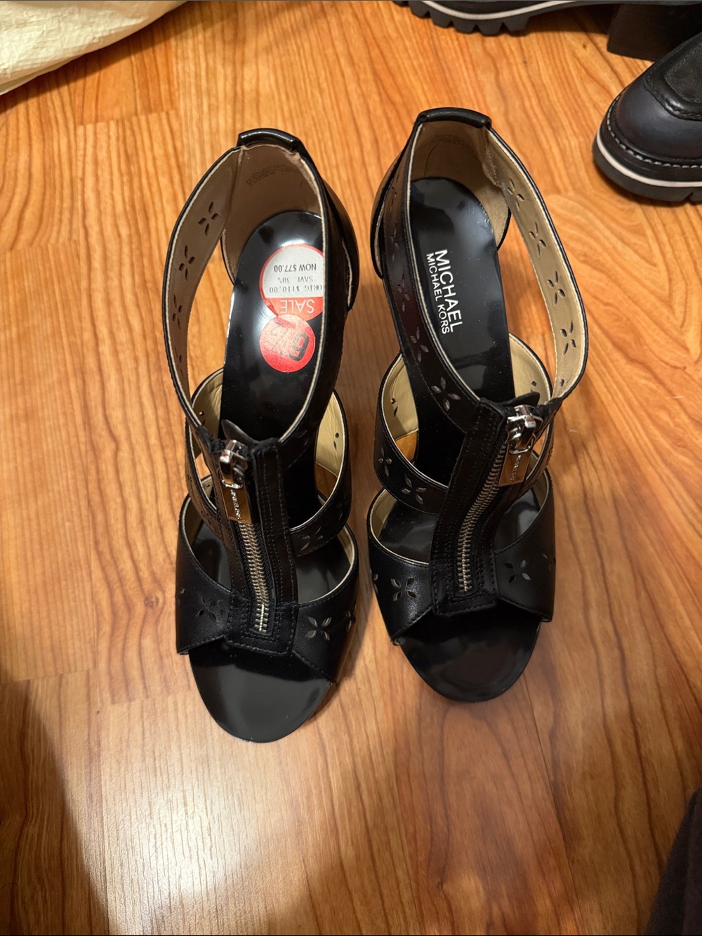Michael Kors Black Leather T-Strap Zip Heels